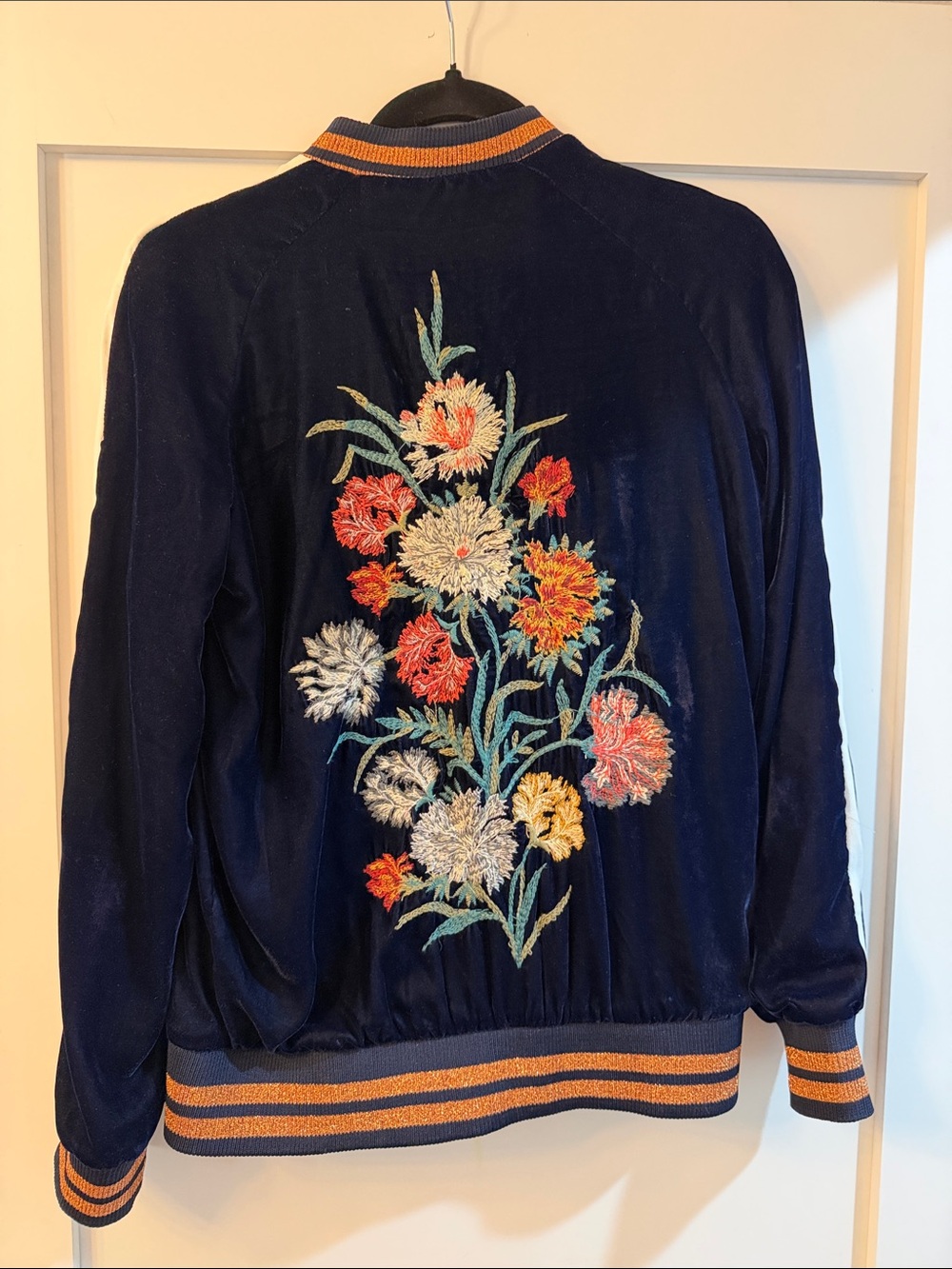 Zara Embroidered Navy Floral Bomber Jacket - Women